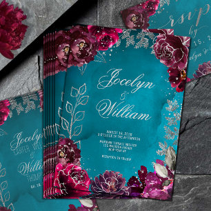 Aqua Teal Merlot Jewel Tone Wedding Invitation