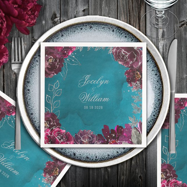 Aqua Teal Merlot Jewel Tone Wedding  Paper Dinner Napkins (Aqua Teal Merlot Jewel Tone Wedding Square Paper Dinner Napkin)
