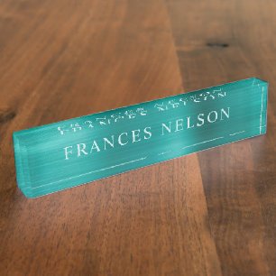 Aqua Teal Metallic Look Stylish Serif Desk Name Plate