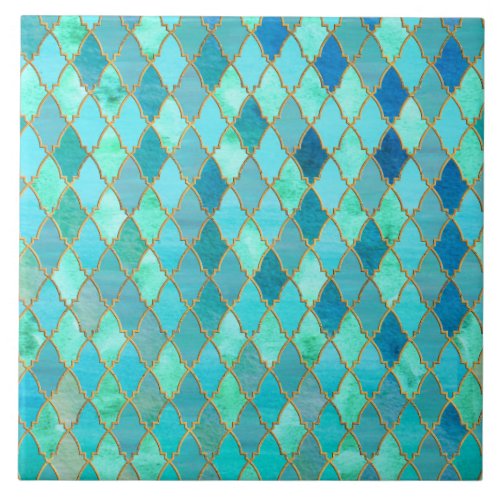 Aqua Teal Mint Gold Oriental Moroccan Tile pattern