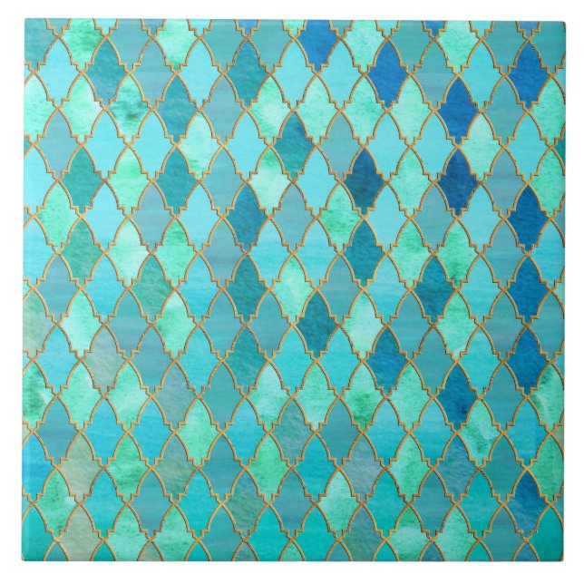 Aqua Teal Mint Gold Oriental Moroccan Tile pattern (Front)