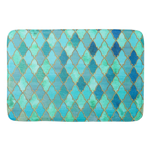 Aqua Teal Mint Gold Oriental Moroccan Tile pattern Bathroom Mat (Front)