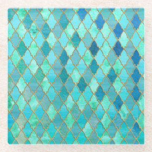 Aqua Teal Mint Gold Oriental Moroccan Tile pattern Glass Coaster