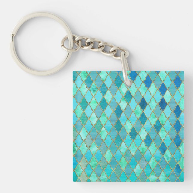 Aqua Teal Mint Gold Oriental Moroccan Tile pattern Keychain (Front)