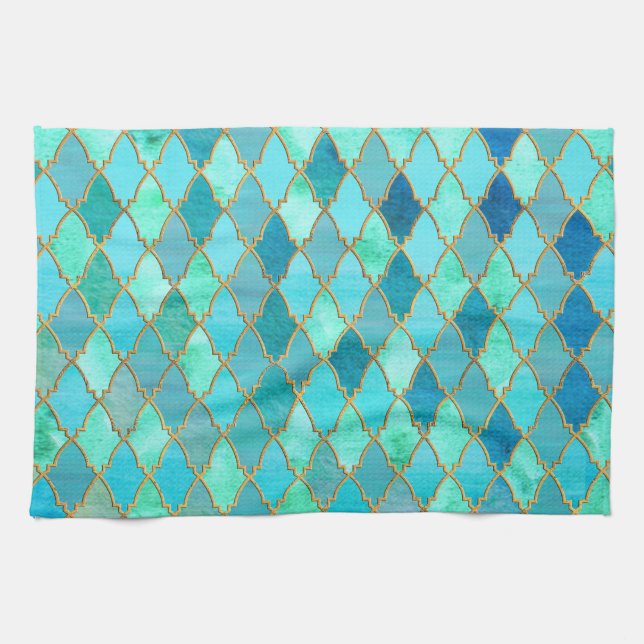 Aqua Teal Mint Gold Oriental Moroccan Tile pattern Kitchen Towel (Horizontal)