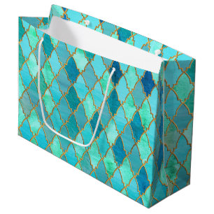 Aqua Teal Mint Gold Oriental Moroccan Tile pattern Large Gift Bag