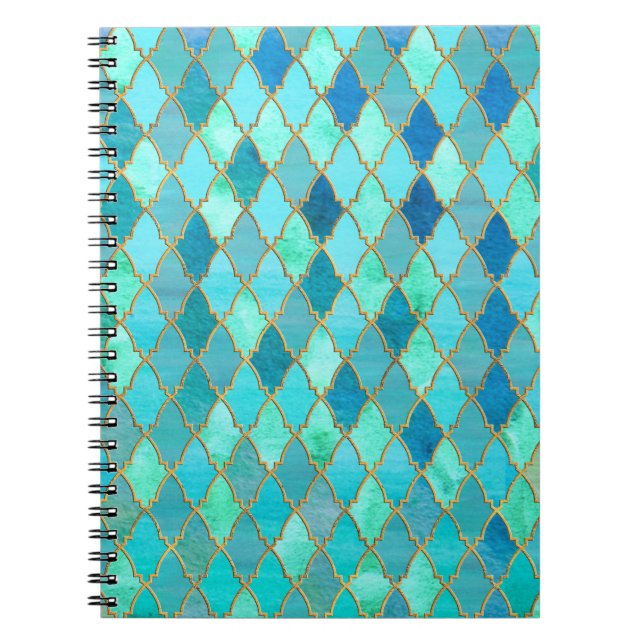 Aqua Teal Mint Gold Oriental Moroccan Tile pattern Notebook (Front)