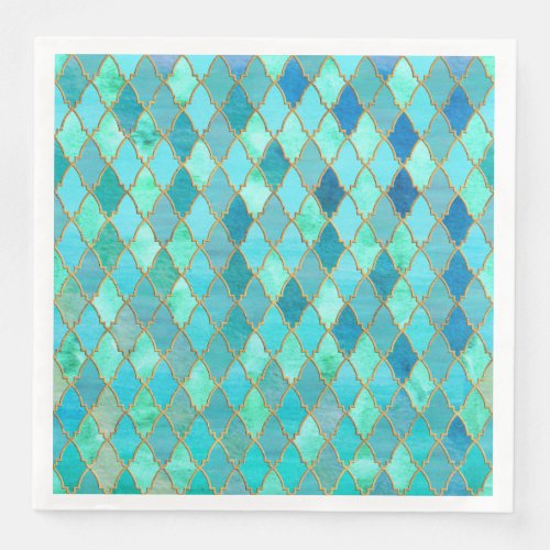 Aqua Teal Mint Gold Oriental Moroccan Tile pattern Paper Dinner Napkins