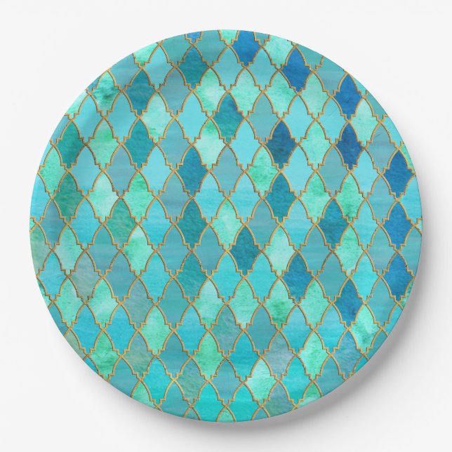 Aqua Teal Mint Gold Oriental Moroccan Tile pattern Paper Plates (Front)