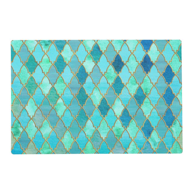 Aqua Teal Mint Gold Oriental Moroccan Tile pattern Placemat (Front)
