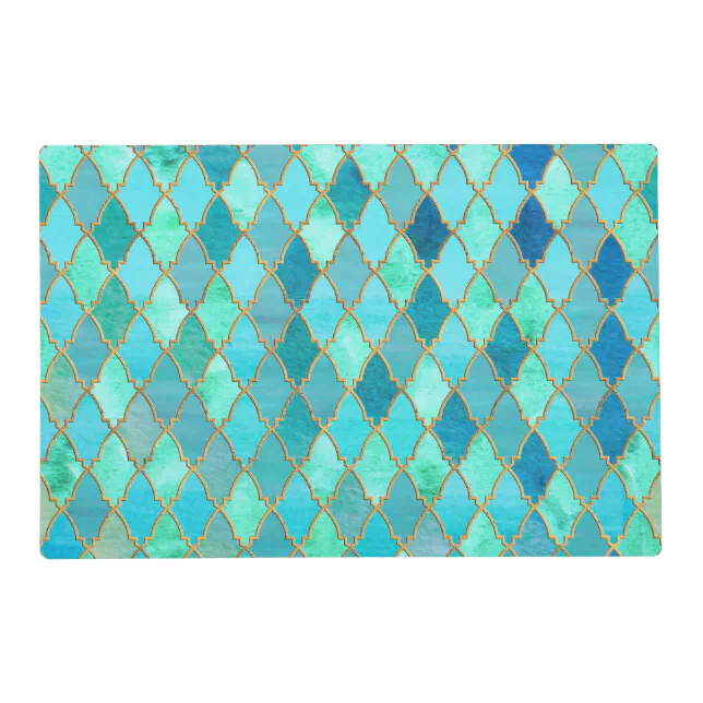 Aqua Teal Mint Gold Oriental Moroccan Tile pattern Placemat | Zazzle