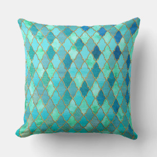 Aqua Teal Mint Gold Oriental Moroccan Tile pattern Throw Pillow