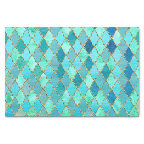 Aqua Teal Mint Gold Oriental Moroccan Tile pattern Tissue Paper