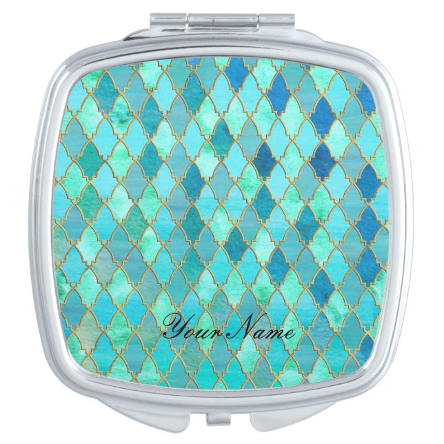 Aqua Teal Mint Gold Oriental Moroccan Tile pattern Vanity Mirror (Front)