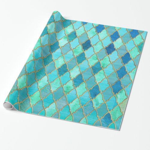 Aqua Teal Mint Gold Oriental Moroccan Tile pattern Wrapping Paper