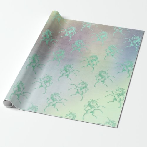 Aqua Teal Mint Pastel Ombre Gold Unicorn Old Scrip Wrapping Paper