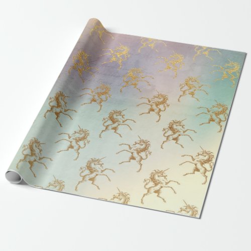 Aqua Teal Mint Pastel Ombre Purple Gold Unicorn Wrapping Paper