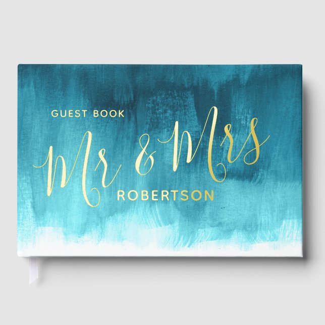 Aqua teal modern art custom wedding  foil guest book  (Front)