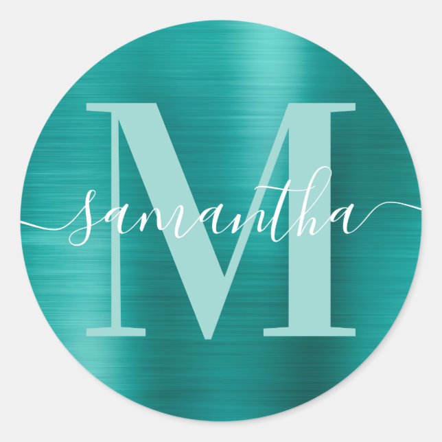 Aqua Teal Modern Signature Monogram Foil Classic Round Sticker (Front)
