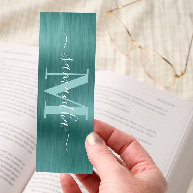 Aqua Teal Modern Signature Monogram Shimmer Bookmarks (Hand)