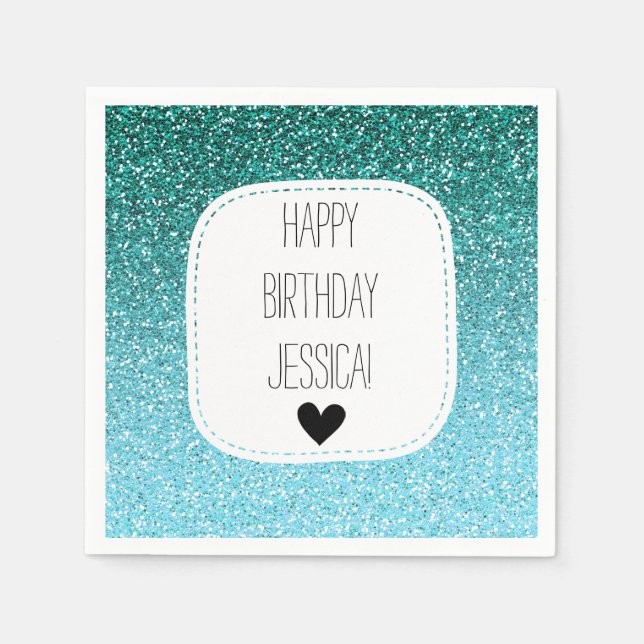 Aqua Teal Ombre Faux Glitter Napkins (Front)