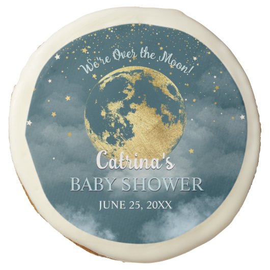 Aqua Teal Over the Moon and Stars Baby Shower Sugar Cookie (Front)