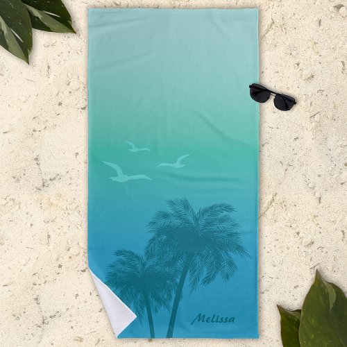 Aqua Teal Palm Trees Tropical Summer With Name Beach Towel