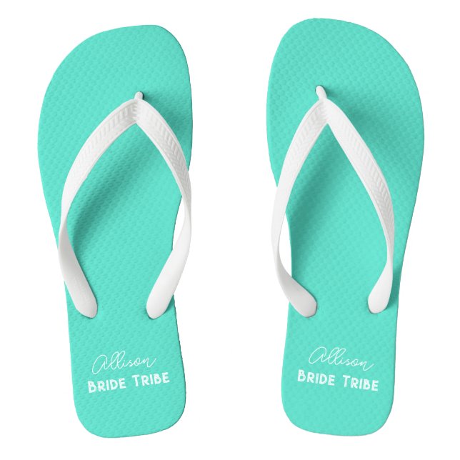 Aqua Teal Personalized Bride Tribe Bachelorette Flip Flops (Footbed)