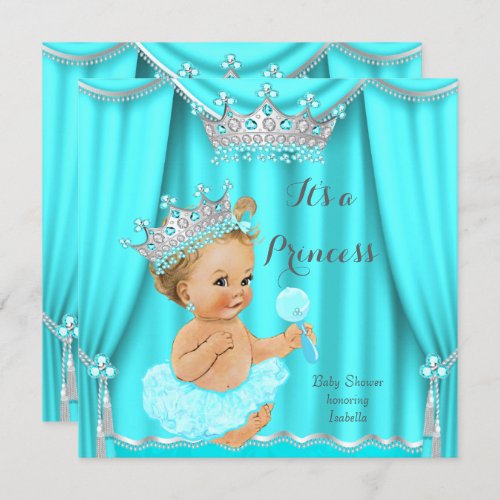 Aqua Teal Princess Baby Shower Silver Blonde Invitation