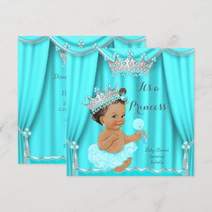 Aqua Teal Princess Baby Shower Silver Brunette Invitation