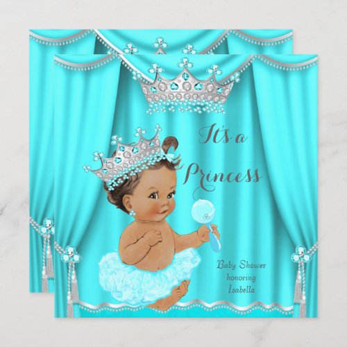 Aqua Teal Princess Baby Shower Silver Brunette Invitation