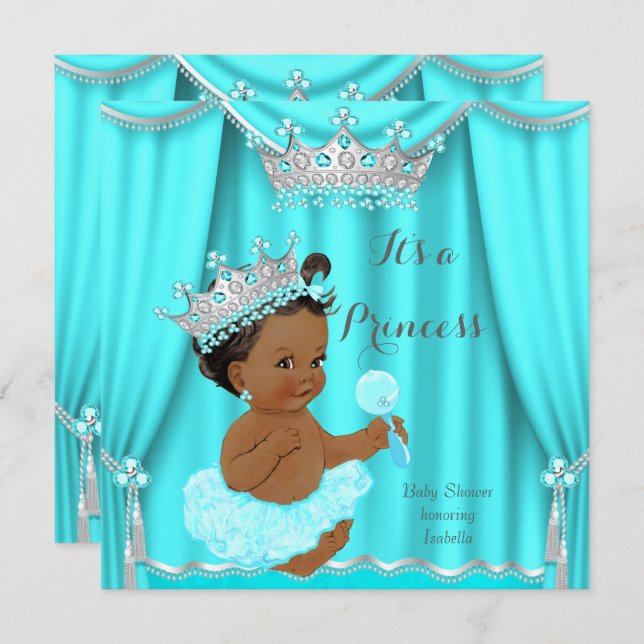 Aqua Teal Princess Baby Shower Silver Ethnic Invitation (Front/Back)