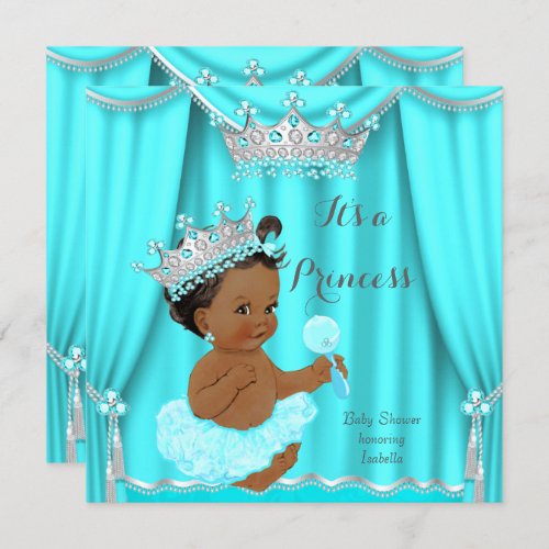 Aqua Teal Princess Baby Shower Silver Ethnic Invitation