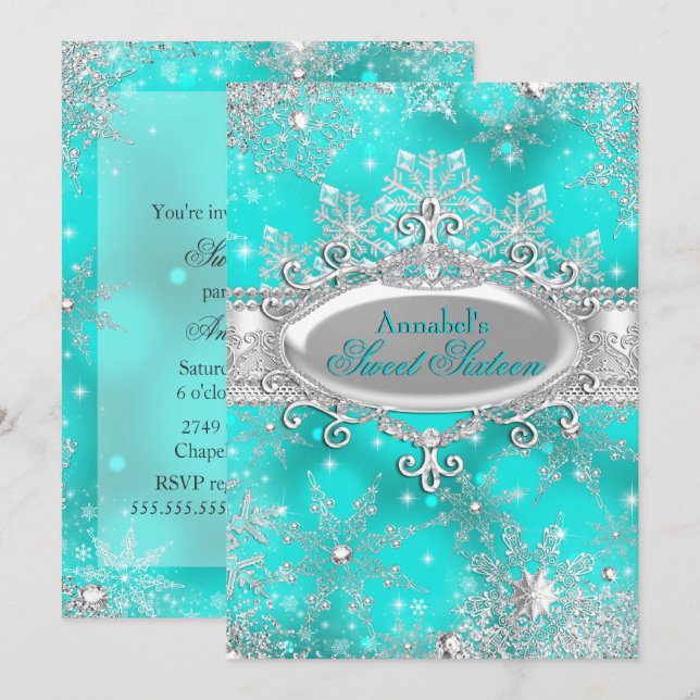 Aqua Teal Princess Winter Wonderland Sweet 16 Invitation (Front/Back)