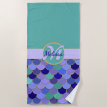 Aqua Teal &amp; Purple Mermaid Scales Monogram + Name Beach Towel