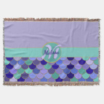 Aqua Teal &amp; Purple Mermaid Scales Monogram + Name Throw Blanket