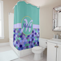 Aqua Teal &amp; Purple Monogram + Name Mermaid Scales Shower Curtain