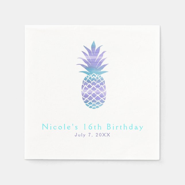 Aqua Teal & Purple Pineapple Tropical Chic Party Napkins (Front)