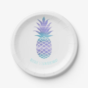 Aqua Teal & Purple Pineapple Tropical Chic Party Paper Plates