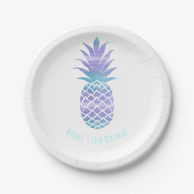 Aqua Teal & Purple Pineapple Tropical Chic Party Paper Plates (Front)