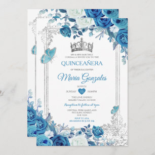 Aqua Teal Quinceañera Silver Crown 15 Anos Invitation