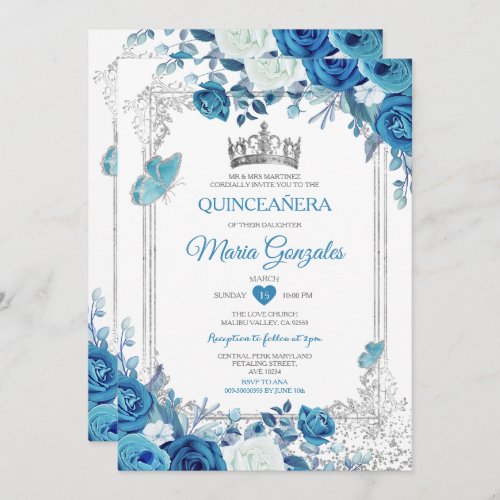 Aqua Teal Quinceaera Silver Crown 15 Anos Invitation