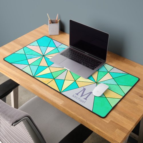 Aqua teal retro Mosaic Triangle Pattern Monogram Desk Mat