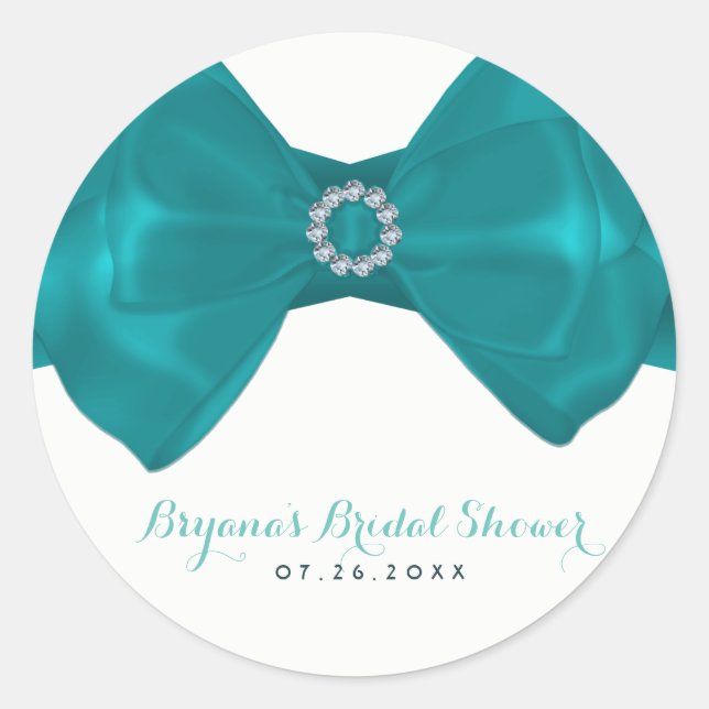 Aqua Teal Ribbon & Diamonds Bridal Shower Elegant Classic Round Sticker (Front)