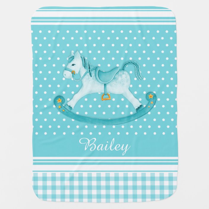 Aqua teal rocking horse art name baby blanket