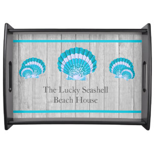 Aqua teal Rustic Nautical Blue Seashells Serving Tray