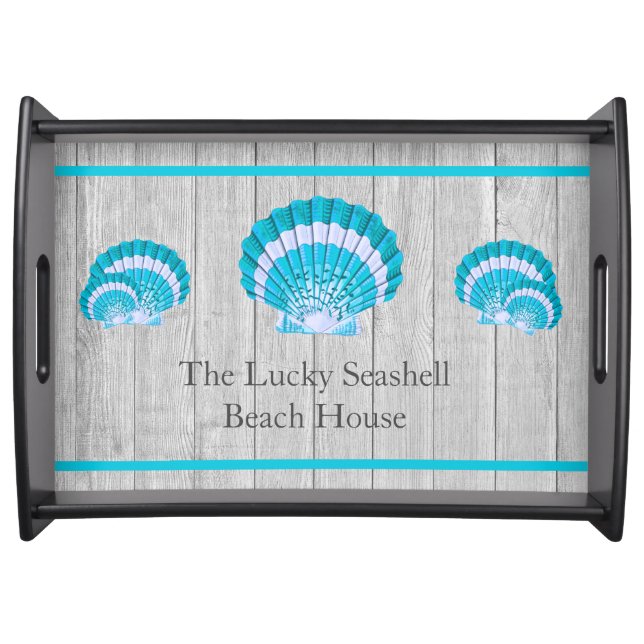 Aqua teal Rustic Nautical Blue Seashells Serving Tray (Front)
