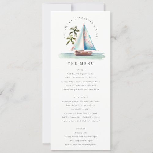 Aqua Teal Sailboat Palm Seascape Wedding Menu Card