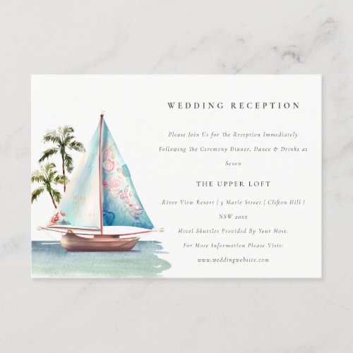 Aqua Teal Sailboat Palm Seascape Wedding Reception Enclosure Card