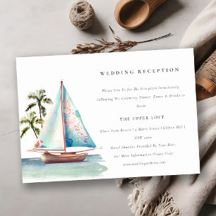 Aqua Teal Sailboat Palm Seascape Wedding Reception Enclosure Card